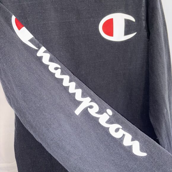 Champion Vintage Men's Size LG Black Big Logo Spell Out 90s Long Sleeve T-Shirt - Picture 3 of 9